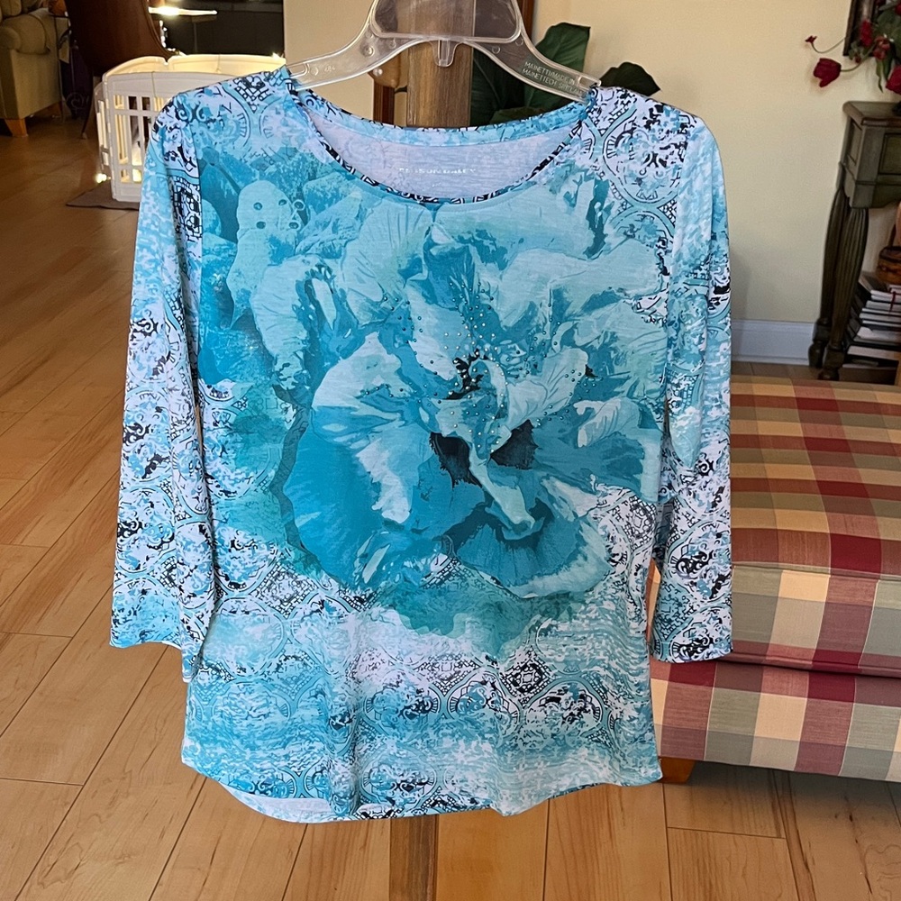 Allison Daley Turquoise Floral Long Sleeve Top size petite small
